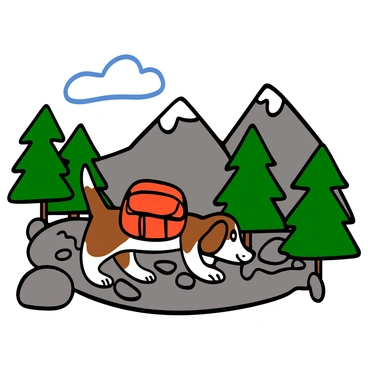 A beagle with brown and white fur is walking along a rocky mountain trail. The beagle has a curious expression and is wearing a small red backpack designed for dogs. Surrounding the trail are green pine trees and scattered boulders. The sky is clear with a few fluffy clouds, and in the distance, snow-capped mountains are visible. The beagle is sniffing the ground, showing its adventurous spirit as it explores the natural surroundings.