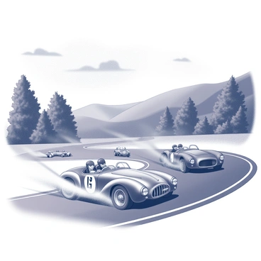 A group of vintage cars competing in a race on a winding track. The cars are sleek and have classic designs, showcasing their polished chrome details and distinctive curves. The track is surrounded by lush trees and rolling hills, creating a dramatic backdrop. The drivers are focused, with expressions of determination as they maneuver their vehicles around tight corners. Dust is kicked up from the tires as the cars accelerate, adding to the excitement of the scene. The sky above is clear with a few scattered clouds, enhancing the sense of a perfect racing day.