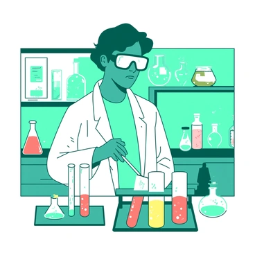 A teal chemistry teacher is standing at a lab table, wearing safety goggles and a white lab coat. In front of the teacher, there are several test tubes arranged in a clear test tube holder. One of the test tubes is filled with a vibrant yellow liquid that is bubbling gently, while another test tube contains a contrasting red liquid. The teacher is holding a glass stir rod, carefully combining the contents of two test tubes. Behind the teacher, there are shelves filled with various laboratory equipment and chemical bottles.