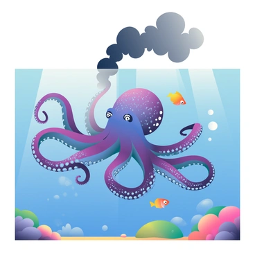 An octopus with vibrant blue and purple skin is swimming in a clear ocean. Its eight arms are extended, showcasing the intricate texture and patterns on its body. As a defense mechanism, the octopus is releasing a large, swirling cloud of dark ink that spreads out in the water, creating a dramatic contrast against the bright surroundings. Tiny fish are swimming nearby, momentarily startled by the sudden burst of ink. Sunlight penetrates the surface of the water, casting shimmering reflections around the scene. The ocean floor is visible in the background, featuring rocks and patches of colorful coral.