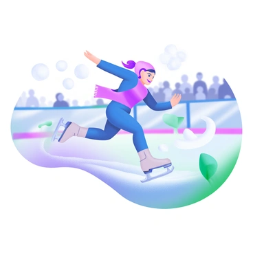 A modern pastel illustration of an ice skater gliding on smooth ice. The skater wears a vibrant blue outfit and has a focused expression. The skate blades are in contact with the ice, leaving a slight shimmer where they touch. Surrounding the skater are soft, swirling trails of ice and light reflections, highlighting the low friction between the skate and ice. In the background, a blurred crowd watches, emphasizing the elegance of the skater's movement.