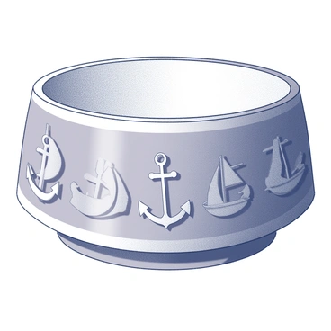 A dog bowl designed with a nautical theme. The bowl features a smooth, rounded shape, with detailed engravings of "anchors" and "sailboats" around the exterior. The "anchors" are depicted with intricate lines, displaying their distinctive shapes, while the "sailboats" are illustrated with triangular sails billowing in the wind. The base of the bowl is sturdy, ensuring stability during mealtime. The overall design conveys a maritime atmosphere, perfect for a pet lover with a passion for the sea.