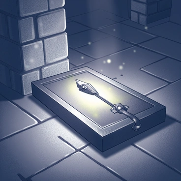 A trap lies on the stone floor of a dark dungeon hallway. It is intricately designed with sharp edges and hidden mechanisms. The trap emits a faint glow, illuminating the surrounding area with an eerie light. Shadows dance along the damp stone walls, accentuating the trap's menacing presence. The hallway stretches into the distance, with uneven stones underfoot and small cracks showing signs of age. Dust particles float gently in the air, caught in the glow of the trap.