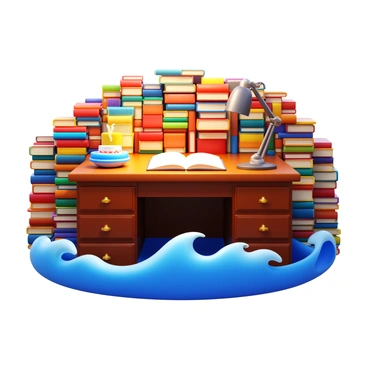 A study desk made of dark wood with a polished surface, positioned at the center of a large space. The desk is cluttered with various items including an open notebook, a vintage lamp, and a steaming cup of coffee. Surrounding the desk, there is an extensive collection of books stacked in disarray, with their spines displaying various titles and colors. The books create a dense, chaotic sea, resembling waves around the desk. A warm light emanates from the desk lamp, casting soft shadows on the nearby books.