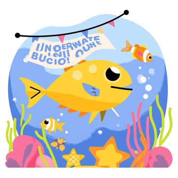 An anglerfish with a wide mouth and a glowing lure is swimming among a variety of colorful sea creatures at a lively underwater party. The bright blue water is filled with bubbles and colorful coral formations in the background. Nearby, a cheerful clownfish is dancing next to a sparkling starfish, while a vibrant octopus is playfully wrapping its tentacles around a floating party banner that says "Underwater Bash!" The scene is filled with excitement and movement, with fish of various shapes and sizes mingling and enjoying the festivities. The anglerfish has a curious expression as it observes the fun around it.
