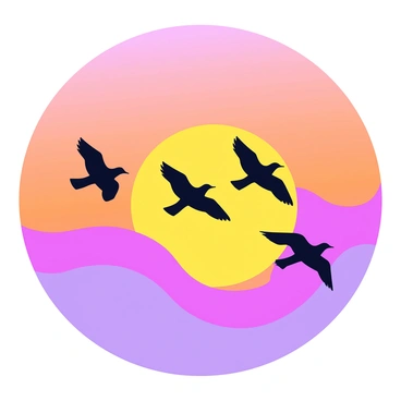 A silhouette of a group of birds flying in a V formation. The birds are depicted in black, contrasting with the vibrant colors of the sunset sky. The sky features hues of orange, pink, and purple blending together, creating a gradient effect. The birds appear to be mid-flight, wings outstretched, capturing the essence of movement against the dramatic backdrop.