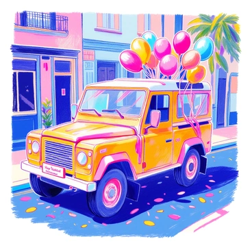 A G-Wagon is parked on a sunny street. The vehicle is adorned with colorful balloons of various sizes, tied to the side mirrors and roof. Brightly colored ribbons are elegantly draped along the windows and bumpers, fluttering slightly in the breeze. A small sign reading "Happy Celebration!" is attached to the front grille. Surrounding the G-Wagon, there are scattered confetti and party streamers on the pavement, enhancing the festive atmosphere.