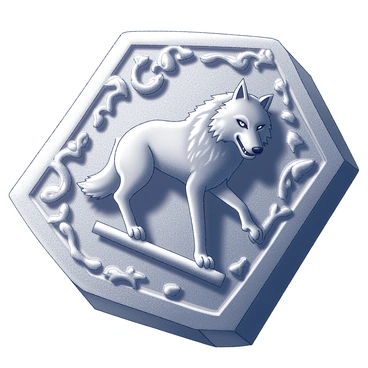 A stone tablet featuring a medieval emblem. The emblem prominently displays a werewolf design, with intricate details capturing the creature's fierce expression and muscular form. Surrounding the werewolf, there are ornate decorative elements, such as intertwining vines and geometric patterns, which enhance the overall appearance of the emblem. The surface of the stone is weathered, showcasing wear and age that adds to its historical significance. The werewolf is positioned in a dynamic stance, emphasizing its powerful presence within the carved design.