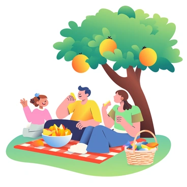 A family is sitting on a checkered picnic blanket under a large mango tree with lush green leaves. The parents, a man with dark hair and a woman with long brown hair, are smiling as they share a slice of mango. On the blanket, there is a bowl filled with bright orange sliced mangoes, glistening in the sunlight. Two children, a boy with curly hair and a girl with pigtails, are happily reaching for the mango slices. Nearby, a wicker basket is filled with various other picnic foods, and the grass around them is a vibrant green. The scene captures a joyful atmosphere of family togetherness.
