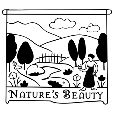 A large tapestry featuring a pastoral scene with rolling hills and a calm river. In the foreground, a woman in flowing garments is gathering flowers, surrounded by various wildflowers and greenery. Nearby, there is a small wooden bridge crossing the river, with trees framing the scene. Soft clouds drift in the sky above, creating a tranquil atmosphere. "Nature's Beauty" is inscribed at the bottom of the tapestry in ornate lettering.