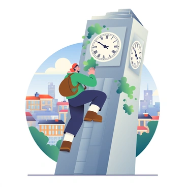 A hunter with a rugged appearance is climbing a historic clock tower made of gray stone. He is wearing a green jacket and dark pants, with a brown leather backpack slung over one shoulder. The clock tower features a large clock face with Roman numerals, and ivy is climbing up its sides. In the background, the city sprawls out, showcasing a mix of modern and historic buildings, with rooftops and streets visible. The sky is clear with a few fluffy clouds, and the sunlight casts soft shadows on the hunter and the tower.