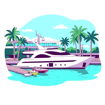 A luxurious yacht docked at a modern marina with palm trees