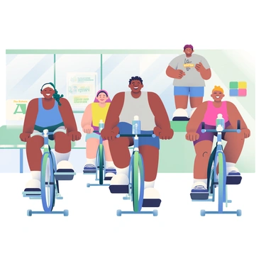 An indoor cycling class features a diverse group of participants cycling on stationary bikes. The class includes individuals of various ethnicities, including a Black woman with braided hair in a blue tank top, a Hispanic man with curly hair wearing a grey t-shirt, and an Asian woman with short hair in a bright pink top. They are pedaling energetically in unison, with their faces showing determination and enthusiasm. The room has large windows letting in natural light, and colorful motivational posters adorn the walls. In the background, an instructor with shoulder-length hair is standing on a raised platform, encouraging the group with a smile and gestures. Each bike has a water bottle and towel placed on it, adding to the sense of an active workout environment.