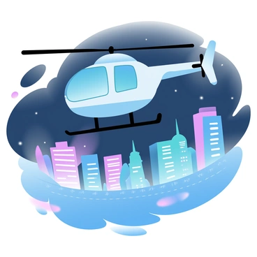 A helicopter is flying above a cityscape at night. The city is illuminated with vibrant, colorful lights, highlighting the buildings and streets below. Various skyscrapers emit bright hues, while smaller structures are adorned with twinkling lights. The helicopter is depicted in mid-flight, with its rotors spinning. The night sky is deep and dark, contrasting with the city's radiant glow.