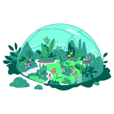 A teal climate-controlled dome stands tall, encased by vibrant greenery and lush vegetation. Inside, various plants with large leaves and colorful flowers are thriving under the dome's transparent surface. Inhabitants dressed in futuristic clothing are visible, tending to the plants and engaging in communal activities. Pathways made of smooth stones wind through the greenery, leading to different areas where people are cultivating food and enjoying the serene environment. The sunlight filters through the dome, casting soft shadows on the ground.