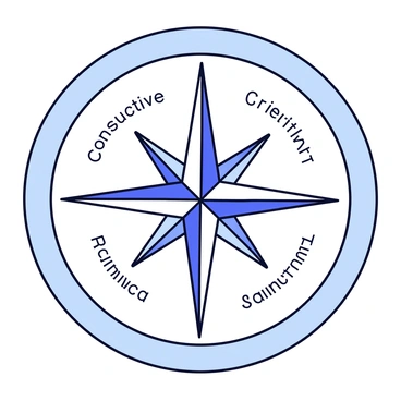 A circular compass with a polished metallic finish. Each of the four cardinal points is clearly marked. The north point is labeled "Positive Feedback" in a bold font, the east point is labeled "Constructive Criticism," the south point is labeled "Neutral Comments," and the west point is labeled "Negative Feedback." The background is a simple, light color to enhance the visibility of the compass and its labels.