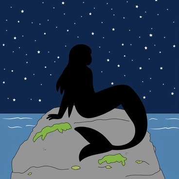 A mermaid silhouette with long flowing hair, sitting gracefully on a large, textured rock. The mermaid's tail is elegantly curved, tapering off into a fin. Behind her, the night sky is filled with countless stars, twinkling brightly against a deep indigo backdrop. The rock is rugged and has patches of green seaweed. The scene conveys a calm, magical atmosphere, with the silhouette of the mermaid contrasting beautifully against the starry sky.