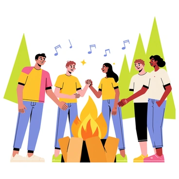 A group of five people standing in a circle around a fire pit, holding hands and smiling joyfully. The fire pit is filled with bright orange and yellow flames, casting a warm glow on their faces. Each person is wearing casual outdoor clothing, such as colorful t-shirts and jeans. In the background, there are tall green trees and a starry night sky. The atmosphere is lively, with musical notes floating in the air above them, representing the campfire songs they are singing together.