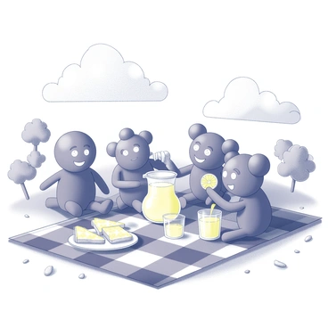 A group of four anions is gathered on a checkered blanket spread across a grassy area in a park. Each anion has a distinct shape, representing different types: one is spherical, another is elongated, a third is tetrahedral, and the last one is shaped like a donut. They are sitting together, surrounded by trees with a few scattered leaves floating down. 

In front of them lies an assortment of food items. A plate holds several neatly cut sandwiches, arranged in triangles. A pitcher filled with lemonade sits on the blanket, with condensation on its surface. Several glasses are filled with the beverage, complete with round slices of lemon floating on top. The anions are interacting playfully, with one reaching for a sandwich while another is pouring lemonade into a glass. The atmosphere is cheerful and relaxed, with the presence of a few fluffy clouds in the sky above.