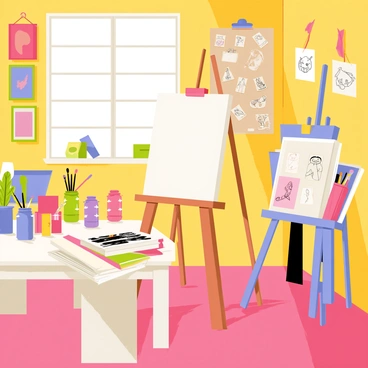 An artist's studio with colorful walls filled with various framed paintings hanging at different heights. There are numerous sketches pinned to a corkboard, showcasing different styles and subjects. A large wooden easel stands prominently in the center, holding a partially completed canvas. To the side, a cluttered table displays an array of art supplies, including tubes of paint, paintbrushes in jars, and sketchbooks stacked haphazardly. Sunlight streams in through a window, casting warm light across the workspace, creating a vibrant and creative atmosphere.