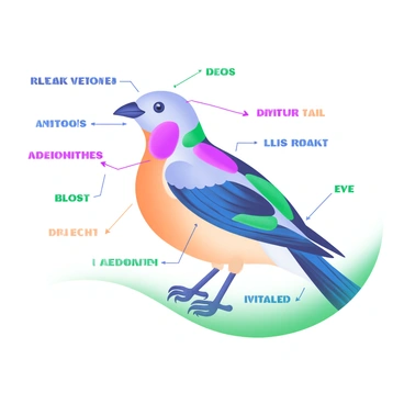 A detailed illustration of a bird anatomy diagram featuring a side view of a bird. The bird is labeled with clear text markings showing various anatomical parts, including the "beak," "wings," "tail," "legs," and "feathers." Each part is distinctively colored for easy identification, and a light background allows the details to stand out. Additional annotations may include "breast," "abdomen," "claws," and "eye," positioned around the bird to provide comprehensive information.