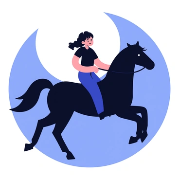 A dramatic silhouette of a horse standing tall, with a rider atop it holding the reins firmly. The horse's mane flows gently in the wind, while the rider leans slightly forward, giving a sense of motion. The background features a large, luminous full moon casting a soft light, highlighting the outlines of both the horse and rider. The scene is set against a clear night sky, creating a strong contrast between the dark figures and the bright moon.