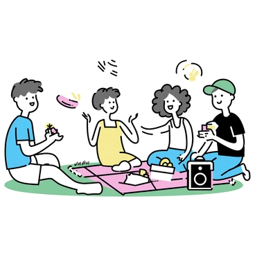A group of four friends sitting on a red checkered blanket in a sunny park. They are surrounded by green grass and tall trees. One friend, a man wearing a blue t-shirt and shorts, is holding a sandwich. A woman with curly hair, dressed in a yellow sundress, is laughing while tossing a frisbee to another friend. The second friend, wearing a white tank top and jeans, prepares to catch the frisbee. The fourth friend, a man in a green cap and a black shirt, is setting up a portable speaker. A picnic basket filled with fruit and drinks sits beside them, adding to the cheerful atmosphere.