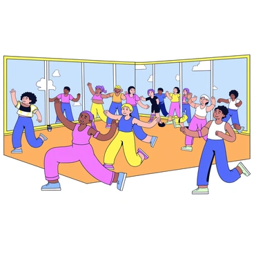 A bright aerobics studio filled with energetic participants engaged in a workout session. Groups of class members are seen performing various aerobic exercises in front of large wall mirrors. Each participant is dressed in colorful athletic wear, showcasing different colors and styles. The mirrors reflect their movements, creating a dynamic visual of synchronized routines. The floor is a smooth wooden surface, and the walls are painted in light, cheerful colors, enhancing the lively atmosphere of the class.