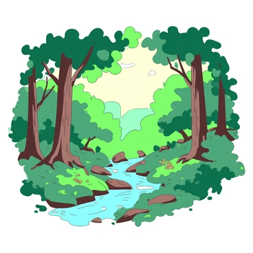 A duotone forest scene featuring various trees with green leaves and brown trunks. Sunlight filters through the canopy, creating dappled patterns of light and shadow on the forest floor. In the foreground, there are patches of soft moss and fallen leaves scattered across the ground. A small stream flows gently through the scene, reflecting the colors of the surrounding foliage. Birds can be seen perched on branches, adding life to the tranquil setting.