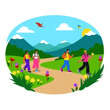A group of hikers walking along a scenic trail that winds through a vibrant landscape. The trail is bordered by colorful wildflowers in shades of yellow, red, and purple, creating a lively foreground. Above, various birds can be seen flying or perched on nearby branches, their wings spread wide as they chirp. The hikers, wearing bright clothing and carrying backpacks, are engaged in conversation as they enjoy the beauty of nature around them. The sky is a clear blue, and the sun casts warm light on the scene.