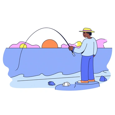 A humble fisherman wearing a simple hat and a light blue shirt is casting his fishing line into a calm ocean. The ocean is depicted in soft shades of blue, reflecting the warm colors of the sunset. The sun is low on the horizon, casting orange and pink hues across the sky. Small waves gently lap at the shore, creating ripples in the water. The fisherman stands on a small rocky outcrop, surrounded by a few scattered seashells and pebbles. 