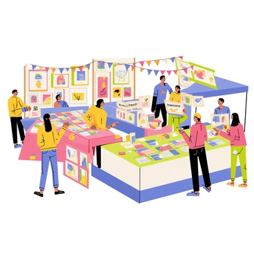 A bustling local artist market filled with colorful stalls. Each vendor is showcasing a variety of prints and handmade illustrations. One stall features vibrant paintings hanging from a wooden frame, while another has a collection of illustrated greeting cards neatly arranged on a table. Some vendors are engaging with customers, discussing their artwork, while others are busy wrapping purchases. The atmosphere is lively, with people walking around, examining the art, and enjoying the creativity surrounding them. Banners with "Local Art" and "Handmade" signs are hung above the stalls, adding to the festive feeling of the market.