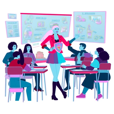 A cheerful Barbie doll with blonde hair styled in a ponytail, wearing a bright pink blazer and a multicolored skirt, stands at the front of a classroom. She is surrounded by various history props, including a globe, ancient artifacts, and posters of historical events on the walls. Barbie is holding a colorful shield and wearing a laurel crown, engaging with a diverse group of students seated at desks, who are excitedly raising their hands. Several students are wearing historical costumes, such as a toga and a knight's armor, while others have notepads and pens ready for notes. The classroom is decorated with educational materials and colorful artwork, creating an inviting learning environment.