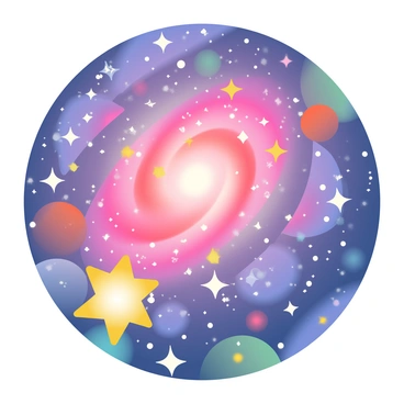 A vibrant galaxy is depicted in the image, filled with swirling stars and colorful nebulas. The galaxy features bright pink and purple gaseous formations, interspersed with sparkling white stars twinkling in various sizes. In the foreground, a cluster of golden stars forms a distinctive shape, while a deep blue backdrop enhances the overall luminosity of the scene. The nebulas exhibit shades of green and orange, creating a dynamic interplay of colors throughout the galaxy.