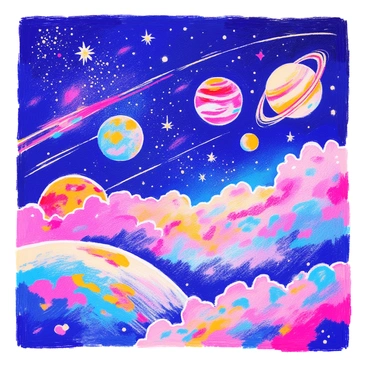 A cosmic landscape is depicted with a deep indigo sky filled with bright, twinkling stars. Several planets of varying sizes and colors float in the scene, including a large, crimson planet with swirling clouds and a small, green planet resembling lush foliage. The surface of a nearby moon is covered in craters and rocky textures. Nebulae with vivid hues of pink and blue stretch across the background, adding depth and interest. Bright streaks of light represent shooting stars, creating dynamic movement throughout the composition.