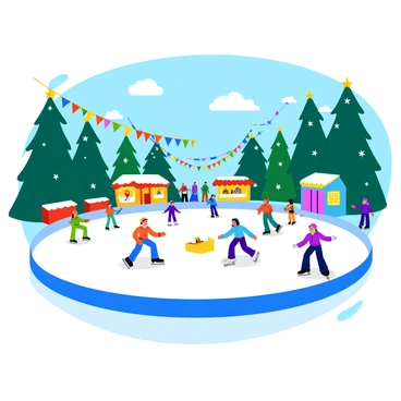 An outdoor winter festival featuring a figure skating competition with festive decorations.