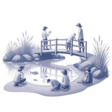 A group of explorers is observing small minnows in different aquatic environments. They are positioned at the edge of a serene lake, where the water is gently rippled. Some explorers are kneeling on the shore, peering into the clear water as they watch the minnows dart around. Other explorers are standing on a wooden bridge that spans a small stream, leaning over the railing to get a closer look. The surrounding landscape includes lush greenery with tall grass and reeds framing the water's edge. A few rocks are scattered along the bank, providing natural perches for the explorers.