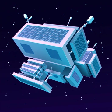 A large 3D space station floating in the vastness of space. The station is composed of multiple interconnected modules with sleek, metallic surfaces. It features solar panels, each uniquely shaped like "bitcoins", shining brightly against the backdrop of stars. The solar panels are angled to maximize sunlight exposure, creating a striking visual contrast with the dark void of space. The station has various antennas and communication dishes protruding from its structure, enhancing its futuristic appearance.