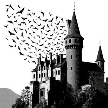 A large swarm of vampire bats is emerging from the tallest tower of a castle. The bats have elongated wings and pointed ears, taking off in all directions. The tower is made of stone, featuring narrow windows and a slate roof. The setting is dusk, casting long shadows as the bats flutter away into the darkening sky. The castle is surrounded by jagged cliffs and sparse trees, emphasizing its isolation. The scene captures the dynamic movement of the bats in flight.