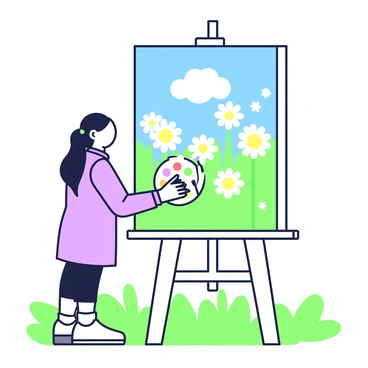 An artist is standing outdoors, focused on painting a large canvas. The artist has long hair tied back and is wearing a light-colored smock. In front of the canvas, there is a palette filled with various colors. The canvas depicts a field of daisies, showcasing their distinct shapes and patterns. The daisies have white petals and yellow centers, creating a lively display. The background features a bright blue sky and a few fluffy clouds, while green grass surrounds the artist's easel.