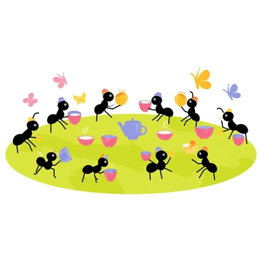 A whimsical tea party set on a vibrant green grass surface. A group of small ants, each wearing tiny hats, is gathered around a round table made of a large leaf. Colorful flower petals in shades of pink, yellow, and purple are used as cups, filled with a clear liquid resembling tea. Some ants are pouring tea from a miniature teapot made from an acorn, while others are enjoying small crumbs of food placed on the table. Brightly colored butterflies flutter around the scene, adding to the cheerful atmosphere of the tea party.