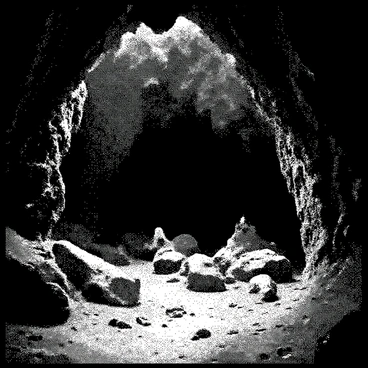 A large cavern is filled with jagged rock formations, creating an intricate landscape. The walls are dotted with "glowing crystals" of various shapes and sizes, casting an ethereal light that illuminates the surroundings. The floor is uneven and covered in loose gravel, with some small "pools of water" reflecting the faint light from the crystals. Shadows play along the walls, creating a sense of depth and mystery in the space.