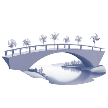 A bridge spanning a river with a gently arching design. The surface of the bridge is adorned with multiple pinwheels of varying sizes, each pinwheel spinning slightly in the breeze. Below, the river flows smoothly, reflecting the shapes of the surrounding landscape. The banks of the river are lined with grass and small rocks, with a few trees partially visible in the background. The scene captures the serene interaction between the bridge, the pinwheels, and the flowing water.
