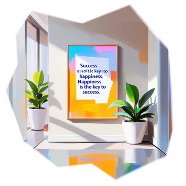 A motivational poster displayed prominently on a wall in an office hallway. The poster features the quote "Success is not the key to happiness. Happiness is the key to success." The background of the poster is a vibrant gradient of blue and yellow, enhancing the positive message. The text is bold and easy to read, centered within a decorative border. Nearby, there are potted plants placed in modern planters, adding a touch of greenery to the professional environment. The hallway has sleek gray walls and contemporary lighting that illuminates the poster effectively.