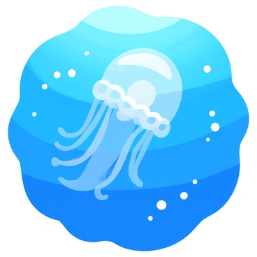A translucent jellyfish with a bulbous bell and long, flowing tentacles is ascending toward the ocean surface. The jellyfish is surrounded by a trail of small bubbles rising upwards around it. The water is a rich blue, creating a vibrant backdrop that enhances the jellyfish's ethereal appearance. Sunlight filters through the water, creating a shimmering effect on the jellyfish and the bubbles. The scene captures the fluid motion of the jellyfish as it gracefully moves upward.