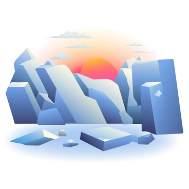 A large glacier is dominating the scene, with its jagged ice formations and deep crevices. The icy surface of the glacier is reflecting vibrant colors of a fiery sunset, showcasing shades of orange, red, and purple against the cool blue of the ice. Wisps of clouds in the sky catch the light and add depth to the sunset. In the foreground, there are small pieces of ice and snow scattered, adding texture to the scene. The overall composition highlights the contrast between the warm colors of the sunset and the cold, crystalline surface of the glacier.