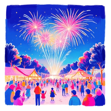 Bright fireworks are exploding in a clear night sky, illuminating the darkness with vibrant colors of red, blue, green, and gold. Below, a lively festival is taking place, with people gathered together, some holding sparklers and others pointing at the fireworks in awe. Colorful tents and stalls are set up around the area, adorned with strings of lights. The atmosphere is filled with excitement and joy as families and friends celebrate together, with a backdrop of trees lining the edges of the scene.