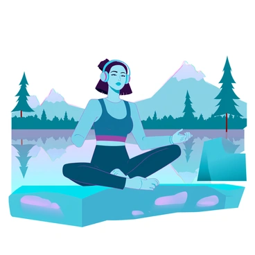 A person with medium skin tone is sitting cross-legged on a smooth rock at the edge of a lake. They are wearing sleek, modern noise-cancelling headphones that appear high-tech. The person is dressed in a comfortable, form-fitting athletic outfit in shades of blue and gray. Their eyes are closed in concentration as they meditate. The water of the lake is calm and reflects the surrounding greenery. Sparse trees and smooth pebbles populate the shoreline, enhancing the peaceful atmosphere. A few distant mountains rise in the background under a clear blue sky.