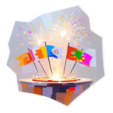 A festive logo for a cultural festival with colorful flags and fireworks