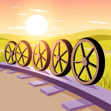 "Golden rays of dawn" are casting a warm glow over "train wheels" that are resting on "a quiet track." The scene features "gleaming metal wheels" with intricate details reflecting the sunlight. The surrounding environment includes "softly blurred grass" and "gentle, rolling hills" in the background, enhancing the tranquil atmosphere of the early morning. The "sky" is painted with hues of orange and pink, signifying the break of day.